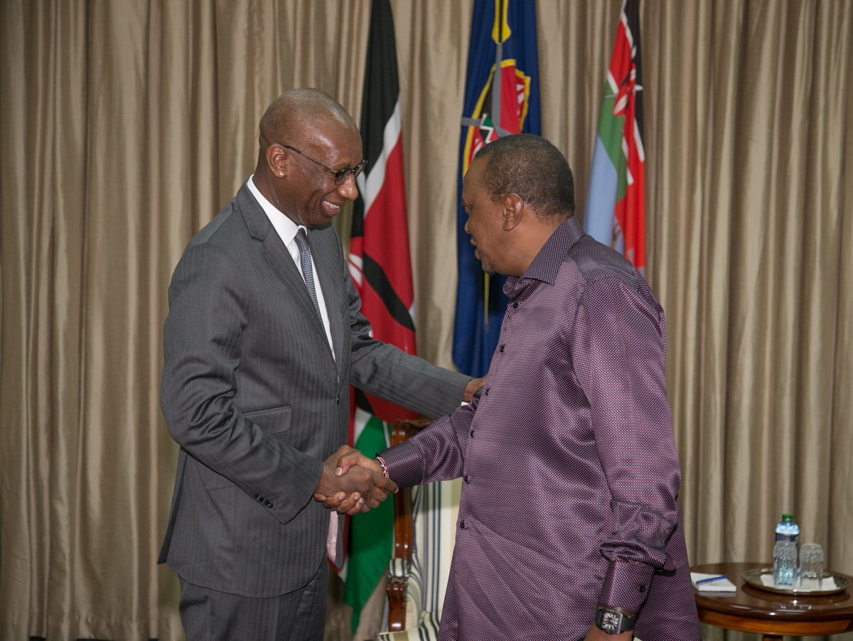 President Uhuru Kenyatta meeting Momar Nguer, a member of Total Executive Committee and its President for Marketing & Services.