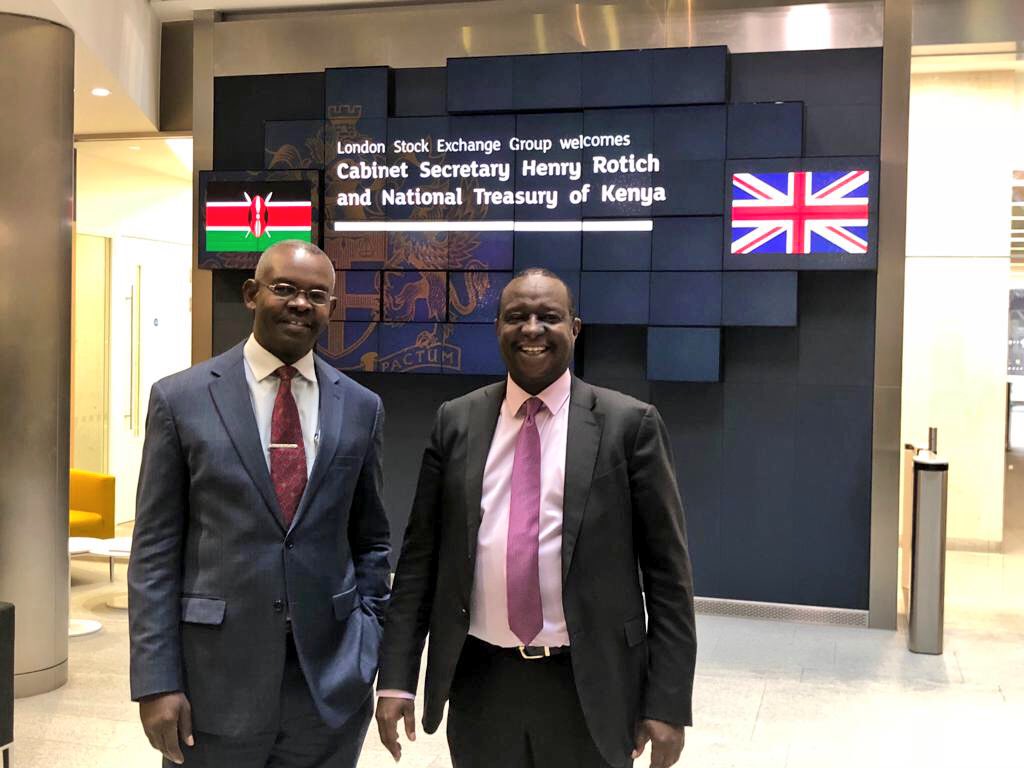 Treasury PS & CS Dr Kamau Thugge and Henry Rotich during the pricing of Kenya’s new Eurobond issue at the London Stock Exchange