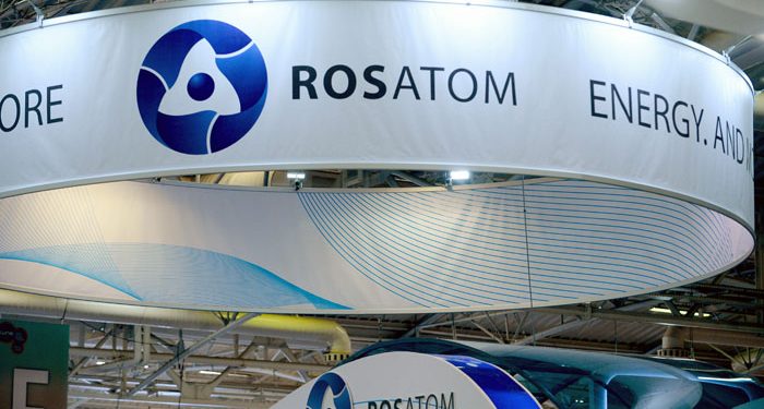 A picture taken on June 28, 2016 shows the logo of Russian atomic energy agency Rosatom during the World Nuclear Exhibition in Le Bourget, near Paris. / AFP PHOTO / ERIC PIERMONT