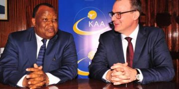The new Managing Director and CEO of the Kenya Airports Authority (KAA) Jonny Andersen with the Chairman of the KAA Board of Directors, Julius Karangi