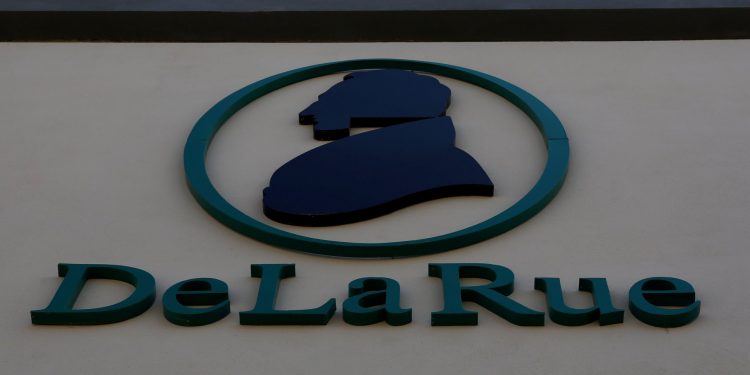 FILE PHOTO: The corporate logo of De La Rue is seen at De La Rue Malta at Bulebel Industrial Estate in Zejtun, Malta April 24, 2018. REUTERS/Darrin Zammit Lupi/File Photo