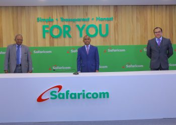 Safaricom Senior Executives from Left to Right; Chairman Nicholas Nganga, CEO Peter Ndegwa (middle) and CFO Sateesh Kamath to the right