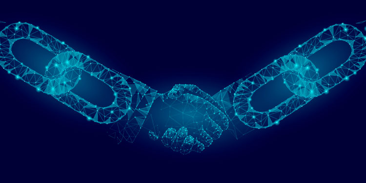 Blockchain technology agreement handshake business concept low poly. Polygonal point line geometric design. Hands chain link internet hyperlink connection blue vector illustration art