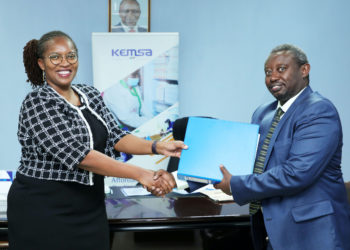 KEMSA Chief Executive Officer Terry Ramadhani receiving the instruments of office from immediate Acting CEO Mr John Kabuchu scaled 1