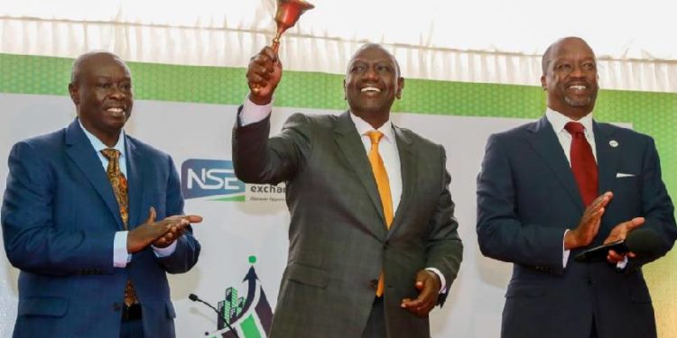 President William Ruto rings the bell to officially launch the enhanced Nairobi Securities Exchange Market Place on 11th Oct 2023