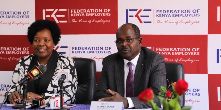 From Left to Right; Federation Of Kenya Employers Executive Director & CEO Jacqueline Mugo, MBS. and National President Dr Habil Olaka