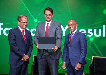 Safaricom PLC Chairman, Adil Khawaja (centre) with Safaricom PLC Chief Executive Officer (CEO), Peter Ndegwa and Safaricom PLC Chief Finance Officer, Dilip Pal, during the 2022- 2023 Financial Year Results announcement