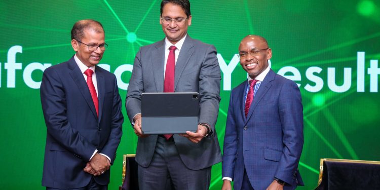 Safaricom PLC Chairman, Adil Khawaja (centre) with Safaricom PLC Chief Executive Officer (CEO), Peter Ndegwa and Safaricom PLC Chief Finance Officer, Dilip Pal, during the 2022- 2023 Financial Year Results announcement