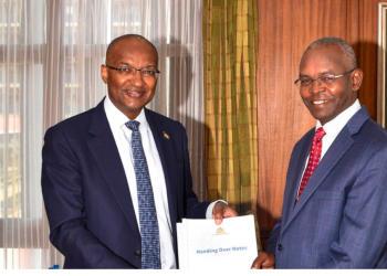 Dr Patrick Njoroge, outgoing CBK Boss(left) hands over to incoming Governor Kamau Thugge