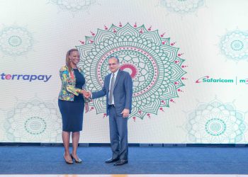 Esther Waititu(R) Chief Financial Services Officer Safaricom PLC pose for a photo with Ambar Sur(L) Founder & Chief Executive Officer TerraPay during the official launch of the partnership with TerraPay.