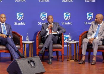 Dr. Joshua Oigara, Stanbic Bank Kenya & South Sudan CEO with Dennis Musau (center), Stanbic Bank Kenya Chief Financial and value officer, and Patrick Mweheire, Stanbic Bank Regional Chief Executive sit in a panel discussion during the Stanbic Bank 2023 H1 results briefing in Nairobi.