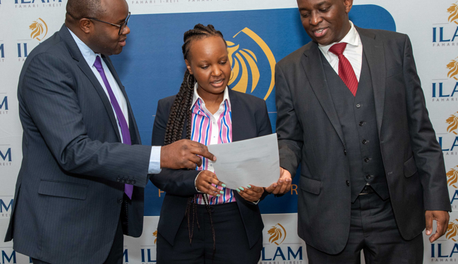 (L-R) ILAM Fahari I-REIT CEO Raphael Mwito,  Dyer and Blair Investment Bank Director Cynthia Mbaru and  ILAM CEO Einstein Kihanda during a media briefing on the proposed conversion of ILAM Fahari I-REIT from an Unrestricted I-REIT into a restricted I-REIT and redemption offer that  that opens on Wednesday.