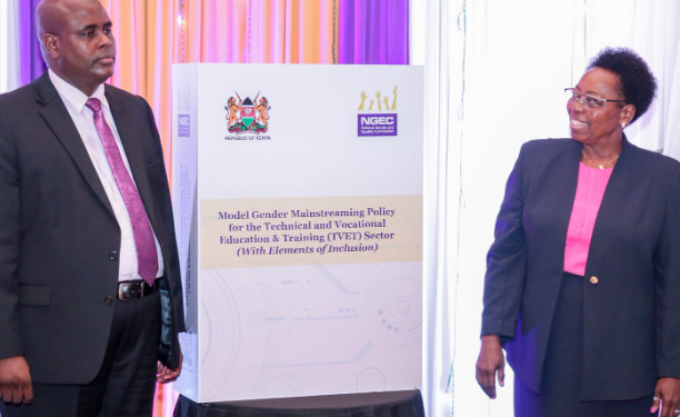 Dr Idris Salim, the Principal Secretary Cabinet Affairs, Office of the Deputy President (R) and Dr Joyce Mwikali Mutinda, Chairperson, National Gender and Equality Commission (NGEC) during the launch of crucial reports on Gender Equality and Social Inclusion.