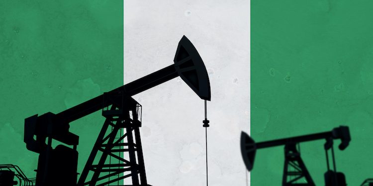 Oil pump silhouette against nigeria flag. 3D Rendering.