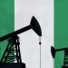 Oil pump silhouette against nigeria flag. 3D Rendering.