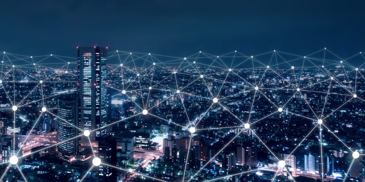 Telecommunication network above city, wireless mobile internet technology for smart grid or 5G LTE data connection, concept about IoT, global business, fintech, blockchain