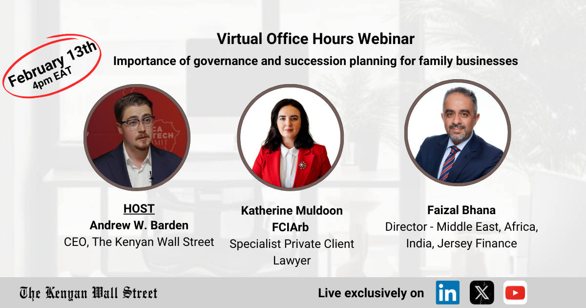 Virtual Office Hours webinar poster with The Kenyan Wall Street and sponsored by Jersey Finance